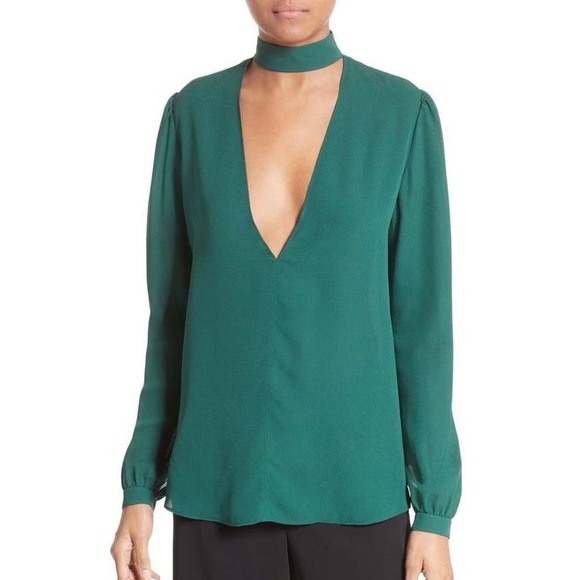 A.L.C. Tops - ALC Liza Silk Top Womens 2 Pine Green Choker VDeep V-neck Long Sleeve Blouse